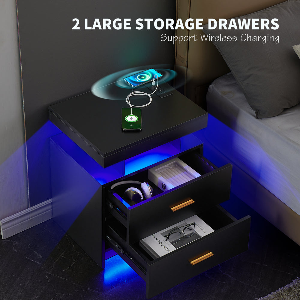 LED Nightstand, 2 Drawers Bedside Tables with Wireless Charging Station 2 Outlets and 2 USB Ports, Floating Nightstand with RGB 30 LED Light Mode App and Remote Control,White