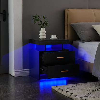 LED Nightstand, 2 Drawers Bedside Tables with Wireless Charging Station 2 Outlets and 2 USB Ports, Floating Nightstand with RGB 30 LED Light Mode App and Remote Control,White