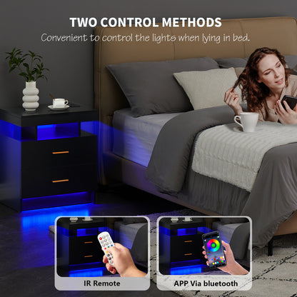 LED Nightstand, 2 Drawers Bedside Tables with Wireless Charging Station 2 Outlets and 2 USB Ports, Floating Nightstand with RGB 30 LED Light Mode App and Remote Control,White